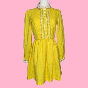 Vintage 70s Yellow Collared Long Sleeve A Line Mini Dress Retro Mod Bohemian